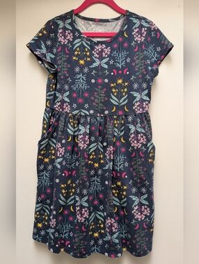 Wonder Nation Girls Floral Print Dress W/ Pockets- Navy Pink Yellow Size M (7-8)